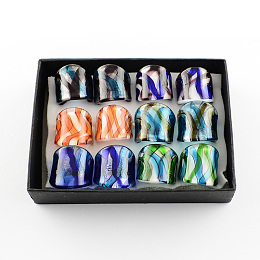 Honeyhandy Handmade Silver Foil Lampwork Wide Band Rings, Mixed Color, 17~19mm, about 12pcs/box