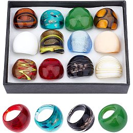 Pandahall Elite 12Pcs Mixed Handmade Lampwork Wide Band Rings Mixed Color Glass Ring 0.66in~0.74in/17mm~19mm Inner Diameter