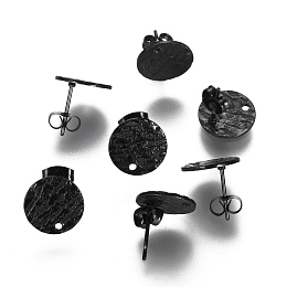 Honeyhandy 304 Stainless Steel Stud Earring Findings, with Ear Nuts/Earring Backs & Loop, Textured, Flat Round , Electrophoresis Black, 12mm, Hole: 1.4mm, Pin: 0.8mm