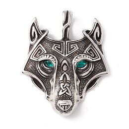 Honeyhandy 304 Stainless Steel Pendants, with Rhinestone Eyes, Wolf, Turquoise, 49x39x7mm, Hole: 5.5X9.5mm