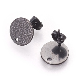 Honeyhandy 304 Stainless Steel Ear Stud Findings, with Ear Nuts/Earring Backs and Hole, Textured Flat Round with Spot Lines, Electrophoresis Black, 12mm, Hole: 1.2mm, Pin: 0.8mm