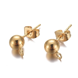 Honeyhandy 304 Stainless Steel Stud Earring Findings, with Loop and Ear Nut/Earring Backs, Real 24K Gold Plated, 9mm, Hole: 1.8mm, Ball: 6mm, Pin: 0.8mm