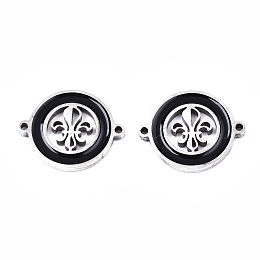 Honeyhandy 304 Stainless Steel Enamel Links Connectors, Laser Cut, Flat Round with Fleur De Lis, Black, Stainless Steel Color, 14.5x18.5x2mm, Hole: 1.2mm