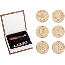 PandaHall Elite Wax Seal Stamp Set, 6pcs Sealing Wax Stamp Heads + Wooden Handle for Invitations Cards Letters Envelopes(Feather, Butterfly, Maple Leaf, Olive Branch, Dog Paws, Daisy Flower)