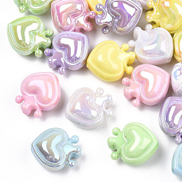 Honeyhandy UV Plating Opaque Rainbow Iridescent Acrylic Beads, Heart with Crown, Mixed Color, 24.5x21.5x14mm, Hole: 3mm