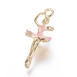 Honeyhandy Alloy Pendants, with Enamel, Dancing Girl, Light Gold, Pearl Pink, 28x11x10mm, Hole: 2.5mm