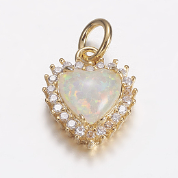 Honeyhandy Brass Micro Pave Cubic Zirconia Charms, with Synthetic Opal, Heart, Golden, White, 14x11.5x5mm, Hole: 4mm