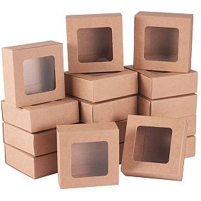 BENECREAT 24 Packs Square Kraft Paper Drawer Boxes with Window 2.5x2.5x1.2 Paper Gift Boxes for Bakery Party Favor Treats Storage