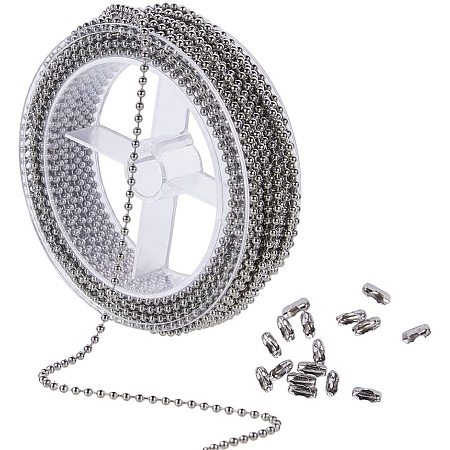 BENECREAT 2.5mm 39 Feet/12M Stainless Steel Extension Beaded Chain Adjustable Ball Chain with 50PCS Matching Connectors, Spool Packaged