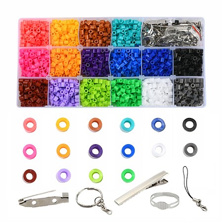 Honeyhandy 3000pcs 16 Color Fuse Beads DIY Jewelry Making, 5pcs Iron Brooch Pin Backs, Mobile Straps, Iron Keychain Findings, Iron Pad Ring Base Findings and Iron Flat Alligator Hair Clips
