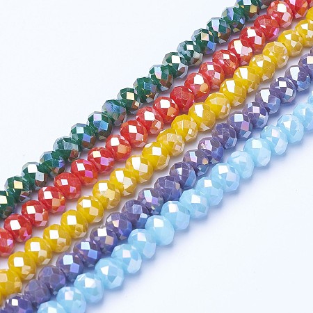 Honeyhandy Electroplate Glass Beads Strands, Opaque Solid Color, AB Color Plated, Faceted, Rondelle, Mixed Color, 6x5mm, Hole: 1mm, about 85~88pcs/strand, 16.1~16.5 inch(41~42cm)