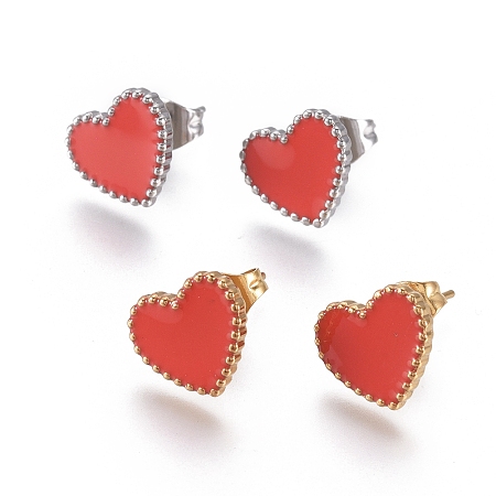 Honeyhandy 304 Stainless Steel Stud Earrings, with Enamel and Ear Nuts, Heart, Red, Mixed Color, 9.5x10.5x1.5mm, Pin: 0.6mm, 6pairs/card