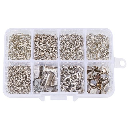 PandaHall Elite Platinum Basics Class Lobster Clasp And Jewelry Jump Rings In A Box Jewelry Finding Kit Alloy Drop End Pieces 1 Box, about 610pcs/box