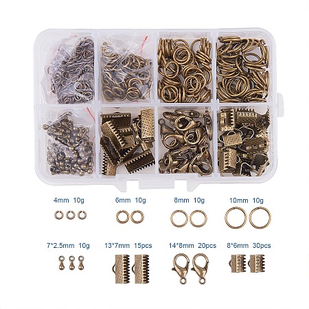 PandaHall Elite Jewelry Basics Class Kit Antique Bronze Lobster Clasp Jump Rings Alloy Drop End Pieces Ribbon Ends Mix 8 Style in In A Box