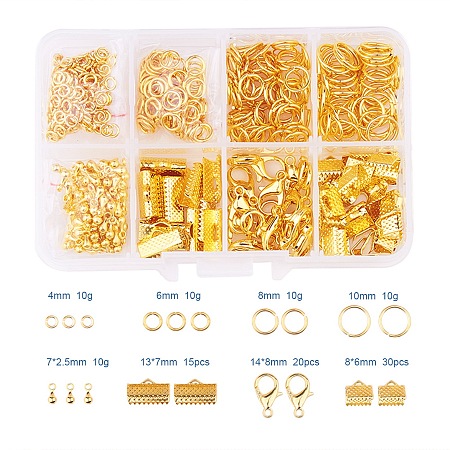 PandaHall Elite 610 Pcs Golden Jewelry Basics Class Kit Lobster Clasp Jump Rings Alloy Drop End Pieces Ribbon Ends Mix 8 Style Lots in A Box