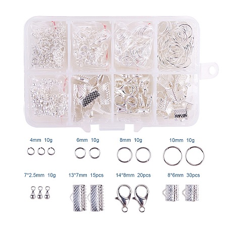 PandaHall Elite Jewelry Basics Class Kit Silver Lobster Clasp Jump Rings Alloy Drop End Pieces Ribbon Ends Mix 8 Style in In A Box