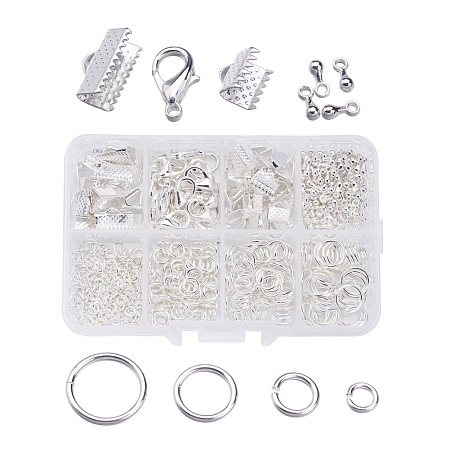 ARRICRAFT 1Box Jewelry Findings 20PCS Alloy Lobster Claw Clasps, 45PCS Iron Ribbon Ends, 40g Brass Jump Rings, 10g Alloy Teardrop End Pieces, Silver Color Plated, Lobster Clasps: 14x8mm, Hole: 1.8mm, Ribbon Ends: 8~13x6~7x5mm, Hole: 2mm, Jump Rings: 4~10mm, End Piece: 7x2.5mm, Hole: 1.5mm