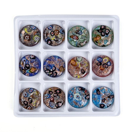 Honeyhandy Handmade Silver Foil Lampwork Pendants, with Gold Sand, Flat Round, Mixed Color, 41x10mm, Hole: 5mm, 12pcs/box