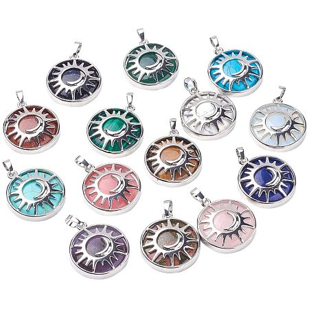 CHGCRAFT 10 Pcs Platinum Gemstone Pendants with Brass Findings Flat Round with Sun & Moon for Jewelry Making, Hole 5mm