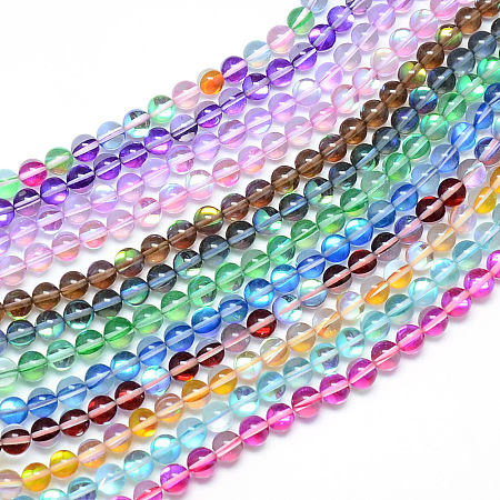 Synthetic Moonstone Beads Strands, Holographic Beads, Dyed, Round, Mixed Color, 8mm, Hole: 1mm; about 48pcs/strand, 15.3 inches