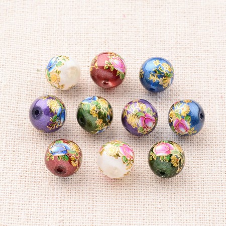 NBEADS Flower Picture Printed Glass Round Beads, Mixed Color, 10mm, Hole: 1mm