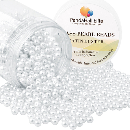 PandaHall Elite 4mm White Glass Pearls Tiny Satin Luster Round Loose Pearl Beads for Jewelry Making, about 1000pcs/box