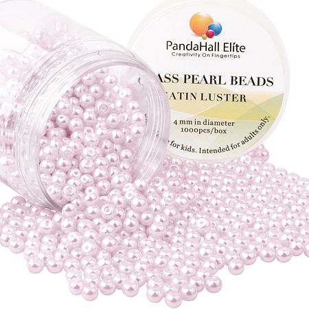 PandaHall Elite 4mm About 1000Pcs Glass Pearl Beads Pink Tiny Satin Luster Loose Round Beads in One Box for Jewelry Making
