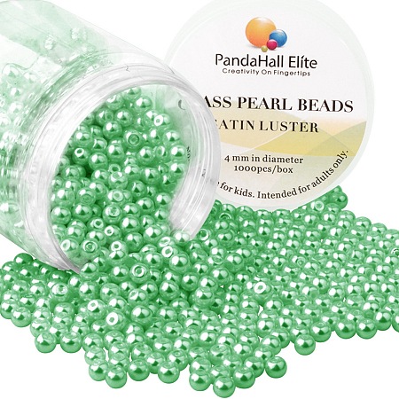PandaHall Elite 4mm Bud Green Glass Pearls Tiny Satin Luster Round Loose Pearl Beads for Jewelry Making, about 1000pcs/box