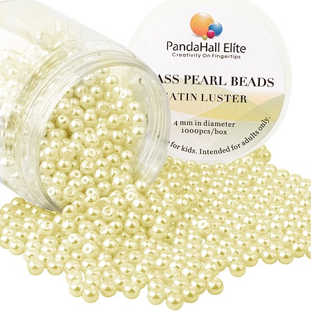 PandaHall Elite 4mm Champagne Yellow Glass Pearls Tiny Satin Luster Round Loose Pearl Beads for Jewelry Making, about 1000pcs/box