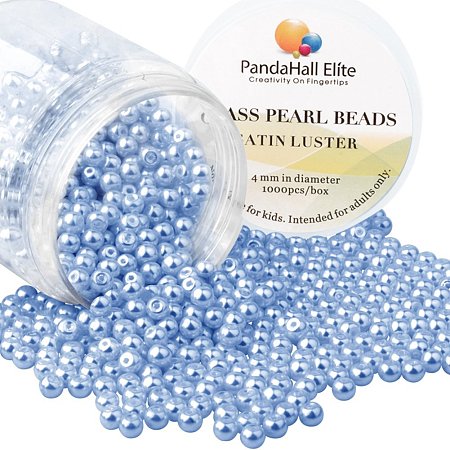 PandaHall Elite 4mm Cornflower Blue Glass Pearls Tiny Satin Luster Round Loose Pearl Beads for Jewelry Making, about 1000pcs/box