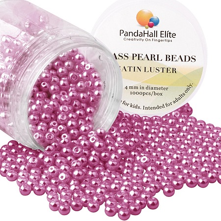 PandaHall Elite 4mm About 1000Pcs Tiny Satin Luster Glass Pearl Round Beads Assortment Lot for Jewelry Making Round Box Kit Deep cerise