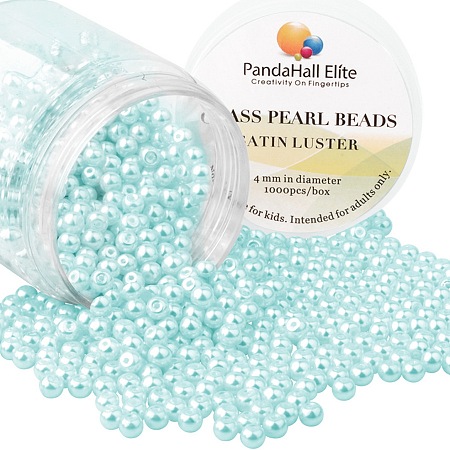 PandaHall Elite 4mm Light Cyan Glass Pearls Tiny Satin Luster Round Loose Pearl Beads for Jewelry Making, about 1000pcs/box