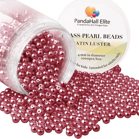 PandaHall Elite 4mm Crimson Red Glass Pearls Tiny Satin Luster Round Loose Pearl Beads for Jewelry Making, about 1000pcs/box