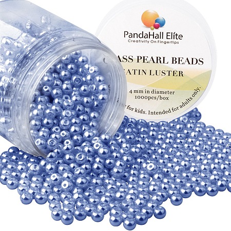 PandaHall Elite 4mm About 1000Pcs Tiny Satin Luster Glass Pearl Round Beads Assortment Lot for Jewelry Making Round Box Kit Purple navy
