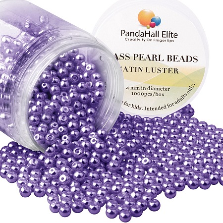 PandaHall Elite 4mm Violet Glass Pearls Tiny Satin Luster Round Loose Pearl Beads for Jewelry Making, about 1000pcs/box