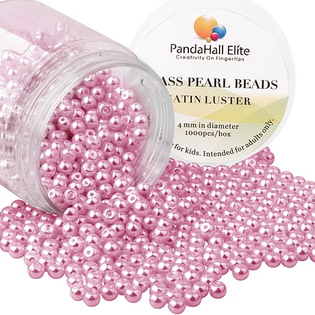 PandaHall Elite 4mm Cameo Pink Glass Pearls Tiny Satin Luster Round Loose Pearl Beads for Jewelry Making, about 1000pcs/box