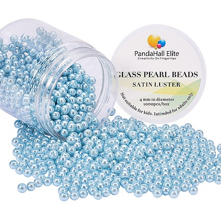 PandaHall Elite 4mm Anti-flash Light Blue Glass Pearls Tiny Satin Luster Round Loose Pearl Beads for Jewelry Making, about 1000pcs/box