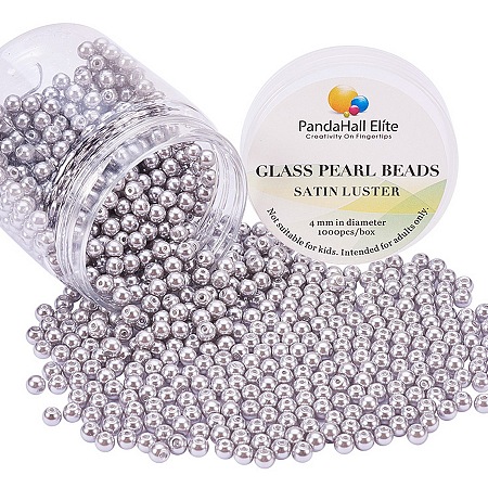PandaHall Elite 4mm Anti-flash Light Grey Glass Pearls Tiny Satin Luster Round Loose Pearl Beads for Jewelry Making, about 1000pcs/box
