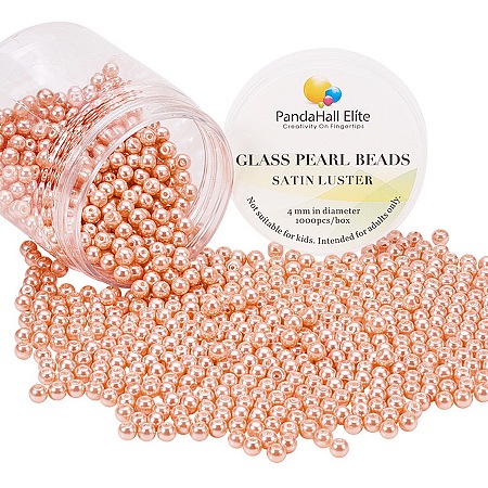 PandaHall Elite 4mm Anti-flash Coral Glass Pearls Tiny Satin Luster Round Loose Pearl Beads for Jewelry Making, about 1000pcs/box