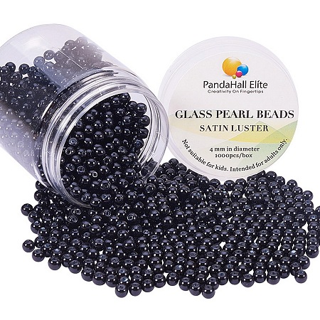 PandaHall Elite 4mm Anti-flash Black Glass Pearls Tiny Satin Luster Round Loose Pearl Beads for Jewelry Making, about 1000pcs/box