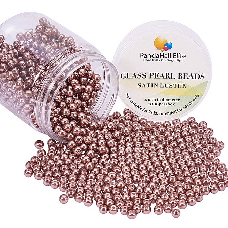 PandaHall Elite 4mm Anti-flash Brown Glass Pearls Tiny Satin Luster Round Loose Pearl Beads for Jewelry Making, about 1000pcs/box