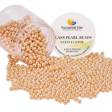 PandaHall Elite 4mm Anti-flash Orange Glass Pearls Tiny Satin Luster Round Loose Pearl Beads for Jewelry Making, about 1000pcs/box