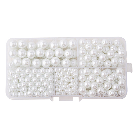 PandaHall Elite White Glass Pearl Round Beads 4mm 6mm 8mm 10mm Various Size Mix Lot Box Set with Container Value Pack, about 440pcs/box