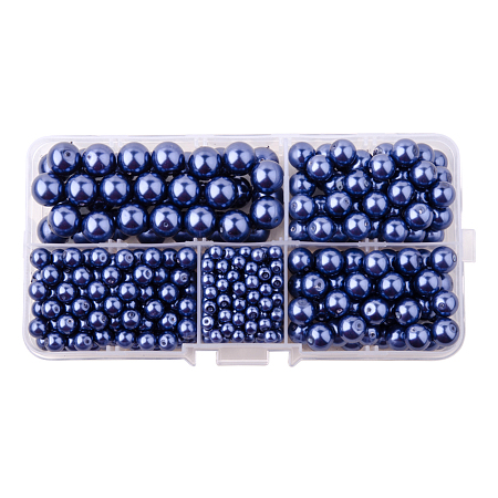 PandaHall Elite Blue Glass Pearl Round Beads 4mm 6mm 8mm 10mm Various Size Mix Lot Box Set with Container Value Pack, about 440pcs/box