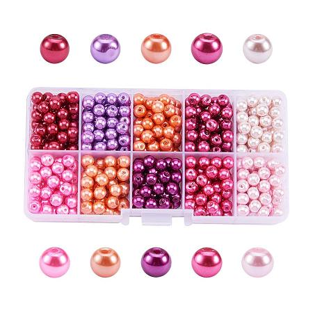 ARRICRAFT 1 Box (about 600pcs) 10 Color Pink Theme Mixed Style Glass Pearl Round Beads Assortment Lot for Jewelry Making, 6mm, Hole: 1mm