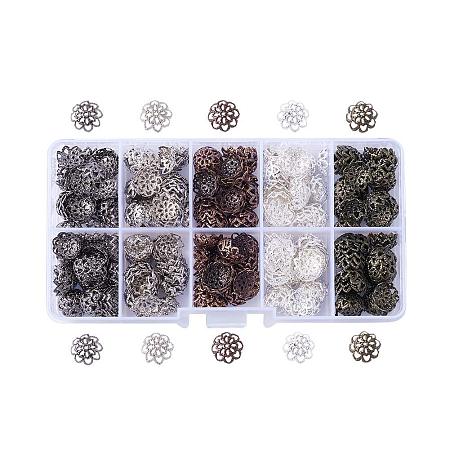 ARRICRAFT 500pcs/box 5 Colors Iron Filigree Flower Bead Caps End Caps 10mm in Diameter for Jewelry Making with a White Container