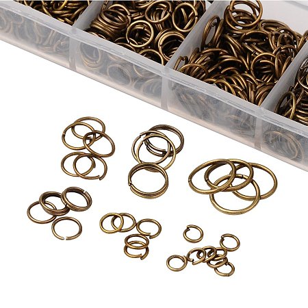 Nbeads 1 Box Iron Jump Rings, Close but Unsoldered and Assistant Tool Brass Rings, Antique Bronze, Jump Rings: 4~10x0.7~1mm, Brass Rings: 17mm; About 1500pcs/box, 85g/Box