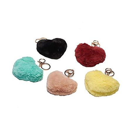 ARRICRAFT 20pcs Heart Shape Pom Pom Ball Key Chains with Golden Alloy Lobster Claw Clasps Key Ring and Chain, Mixed Color