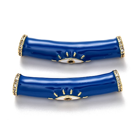 Honeyhandy Brass Micro Pave Clear Cubic Zirconia Tube Beads, Long-Lasting Plated, with Enamel, Tube with Evil Eye, Real 18K Gold Plated, Blue, 38x8x7.5mm, Hole: 4mm