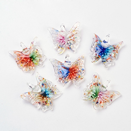 Honeyhandy Handmade Lampwork Glass Butterfly Pendants, Mixed Color, 38~45x44~50x8~12mm, Hole: 5~11mm, 12pcs/box